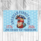 Decorative flag with a parrot in a pirate hat on a blue background with white stars, celebrating 250 years of freedom.