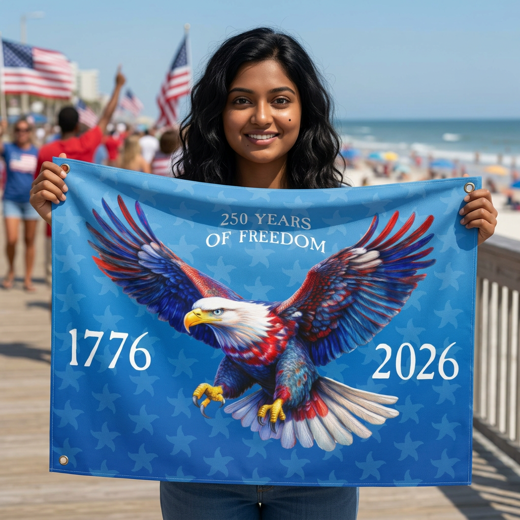 Woman holding a Bald Eagle American Flag on a beach.