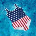 American flag swimsuit floating in a pool
