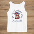 White tank top with 'American Parrot Head' graphic and text on a rustic wood  background