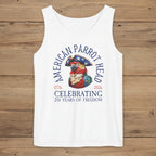 White tank top with 'American Parrot Head' graphic and text on a rustic wood  background