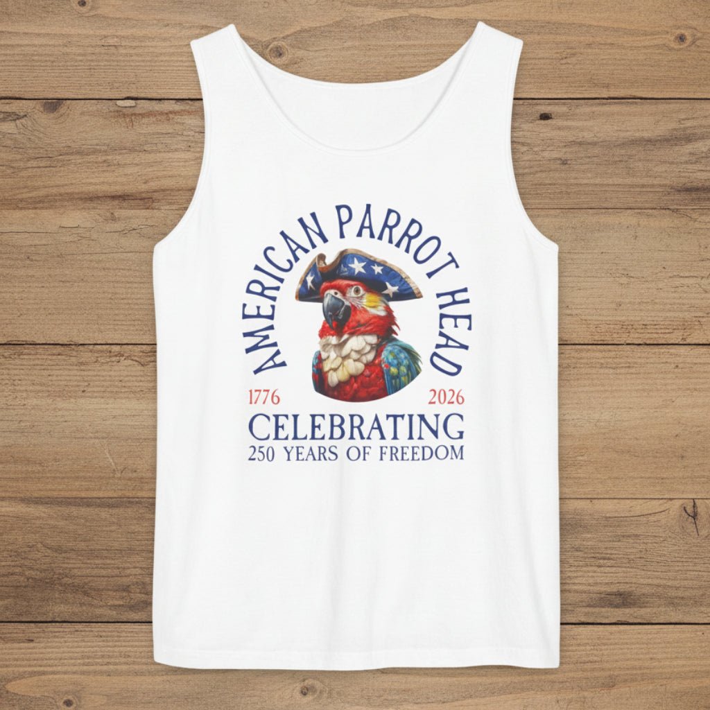 White tank top with 'American Parrot Head' graphic and text on a rustic wood  background