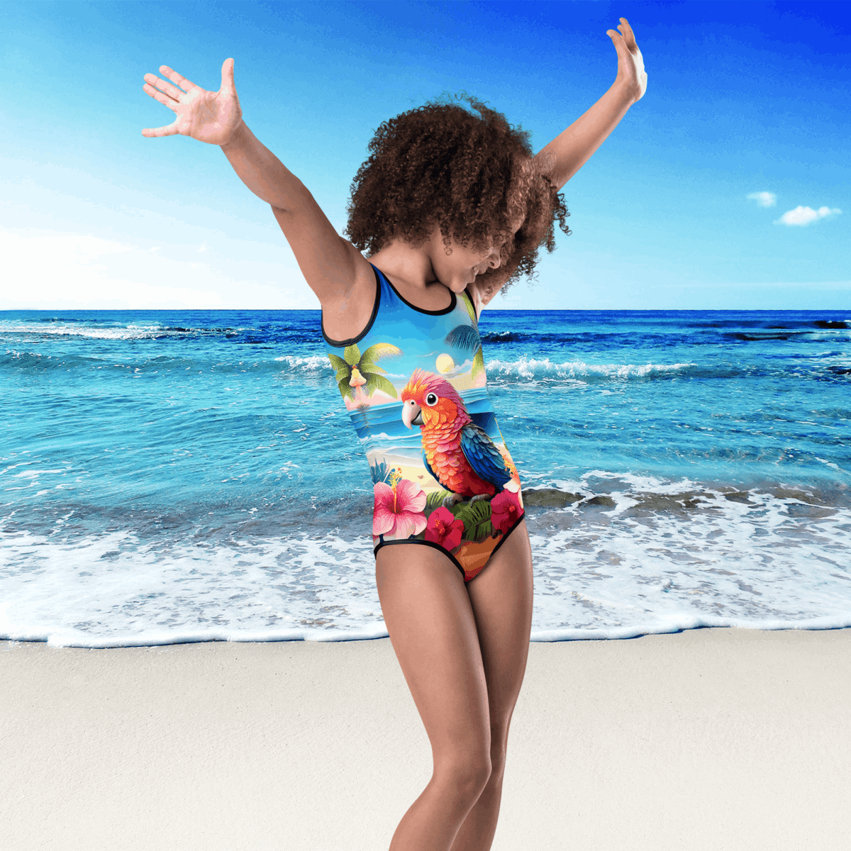 Person wearing a colorful swimsuit with a parrot design on a beach