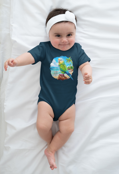Baby wearing a navy blue onesie with a parrot design on a white blanket