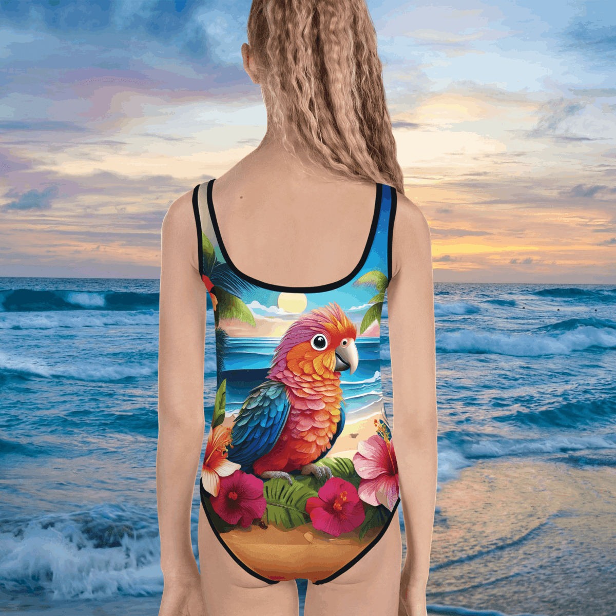 girl wearing a swimsuit with a colorful parrot design against a beach background