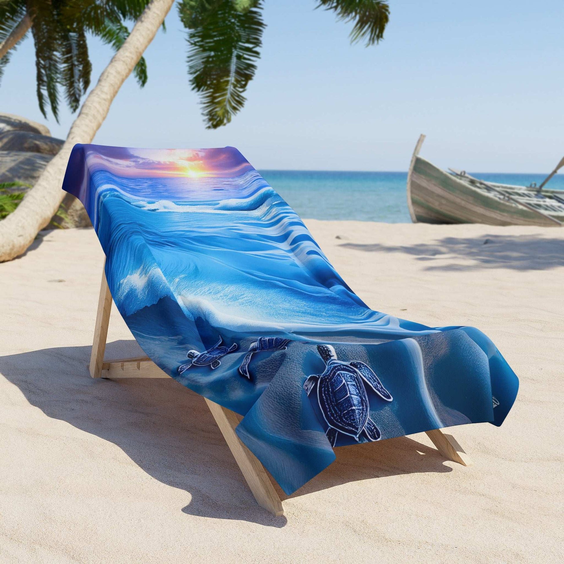 Baby Sea Turtle Beach Towel laid over beach lounger under a palm tree.