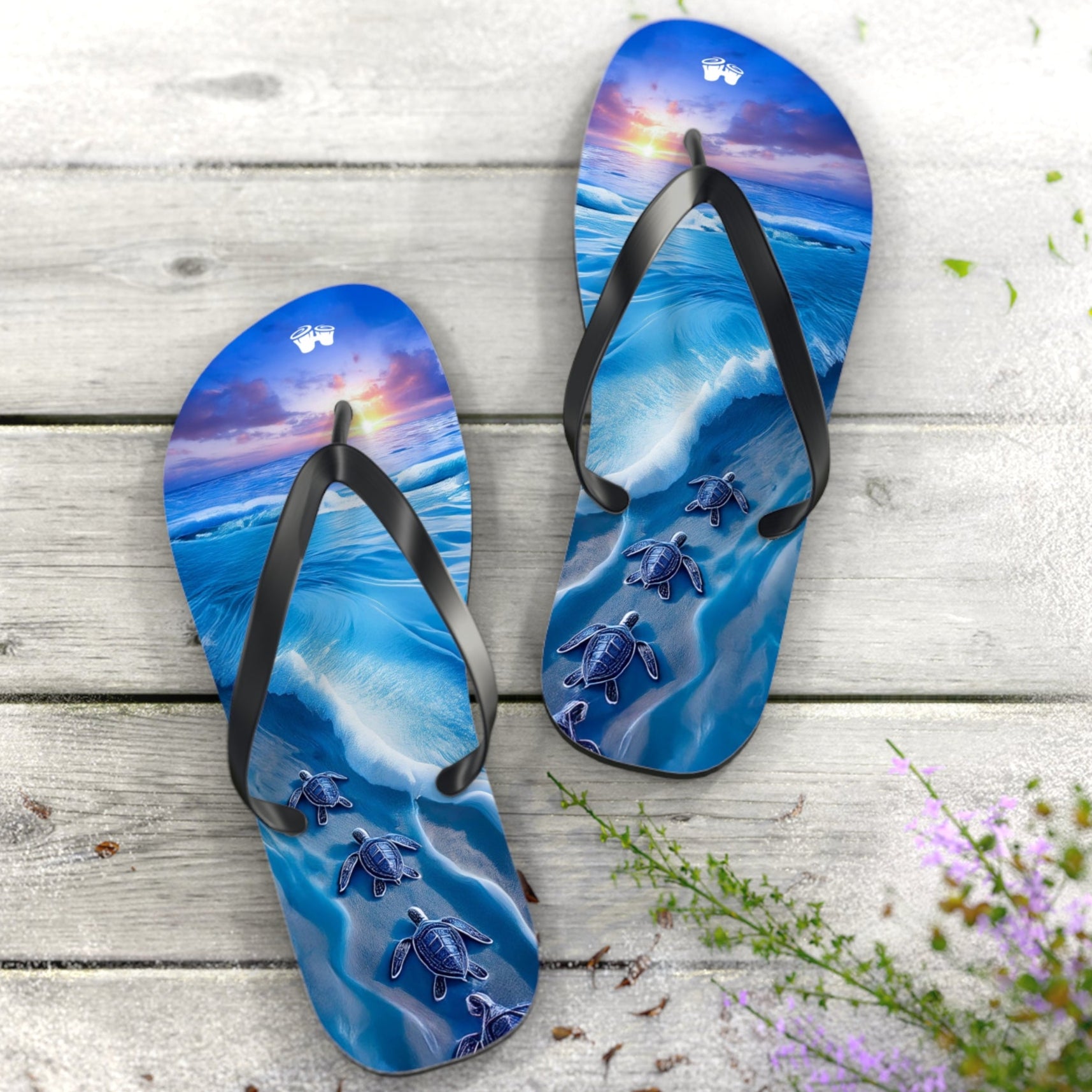 Blue flip-flops with turtle design on a wooden surface