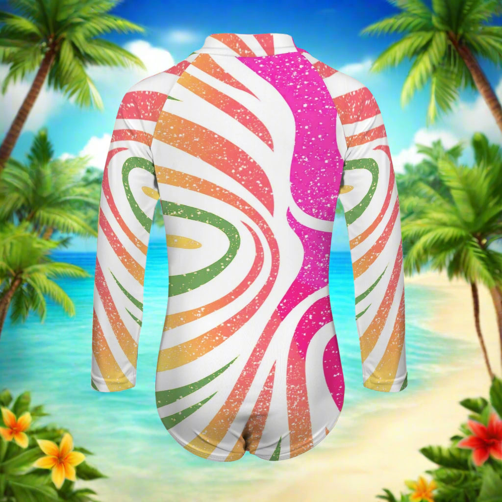 Colorful swimsuit with a spiral pattern on a beachy background