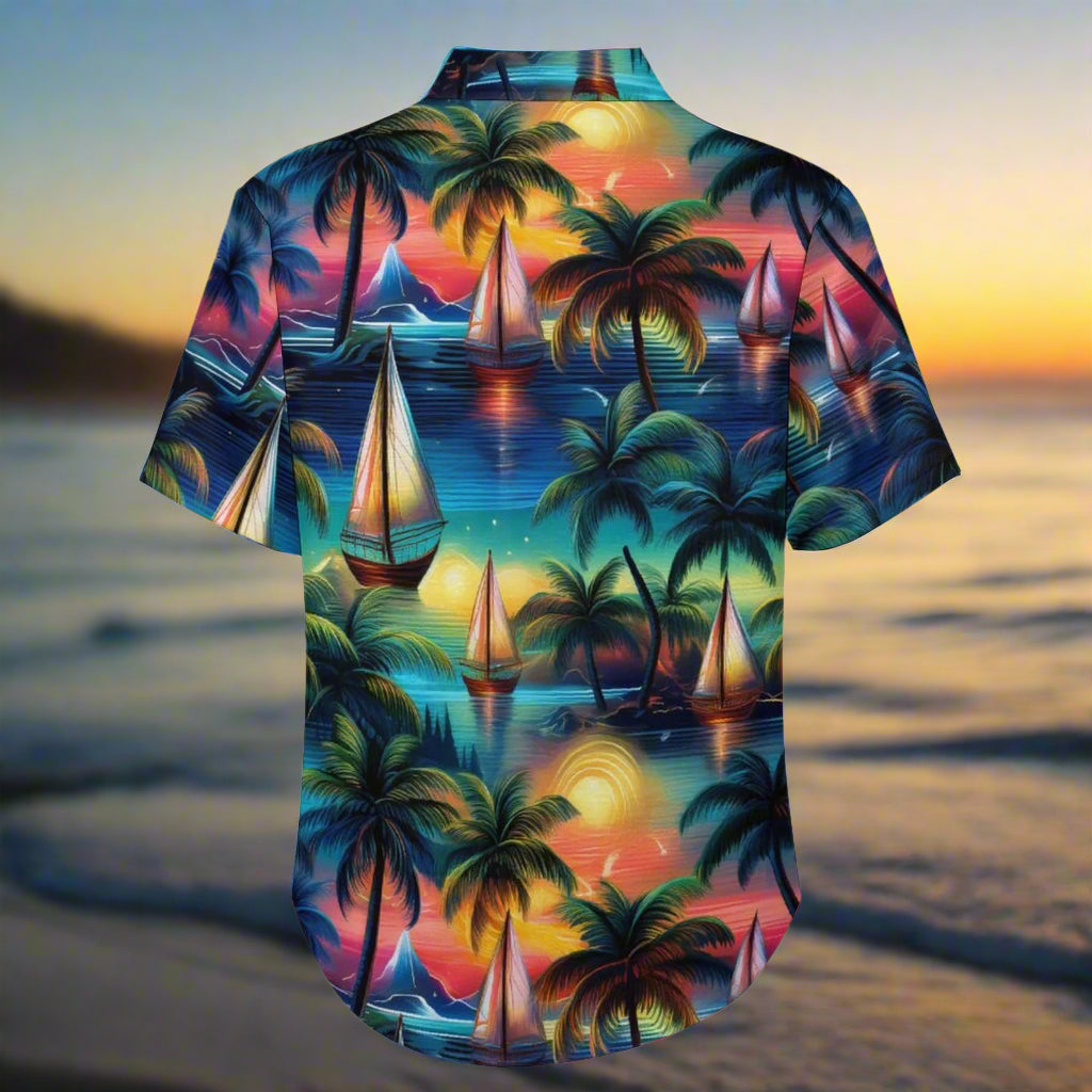 Hawaiian shirt with tropical design featuring palm trees and sailboats facing away at sunset bay