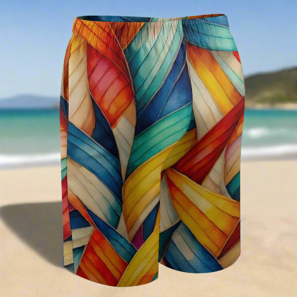 Back of Colorful patterned shorts on an island beach background