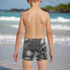 Child wearing black and white pirate skull-patterned swim shorts watching the tide roll in from a Caribbean Island beach 