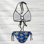 Bikini set with mirror-like top and colorful bottom on a white background