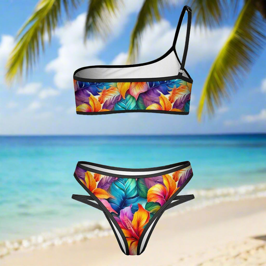 Colorful single strap, floral bikini set on a beachy background