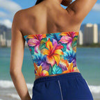 Colorful floral strapless top worn by a bidini model in Waikiki