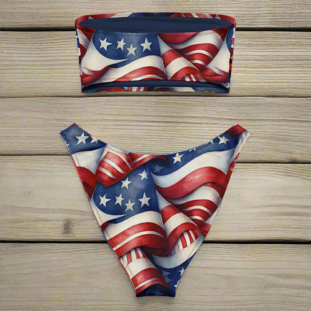 Bandeau Bikini laying face down on a beachside boardwalk