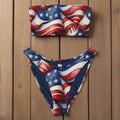 American Flag Bandeau bikini laying on wood boat deck