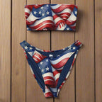 American Flag Bandeau bikini laying on wood boat deck