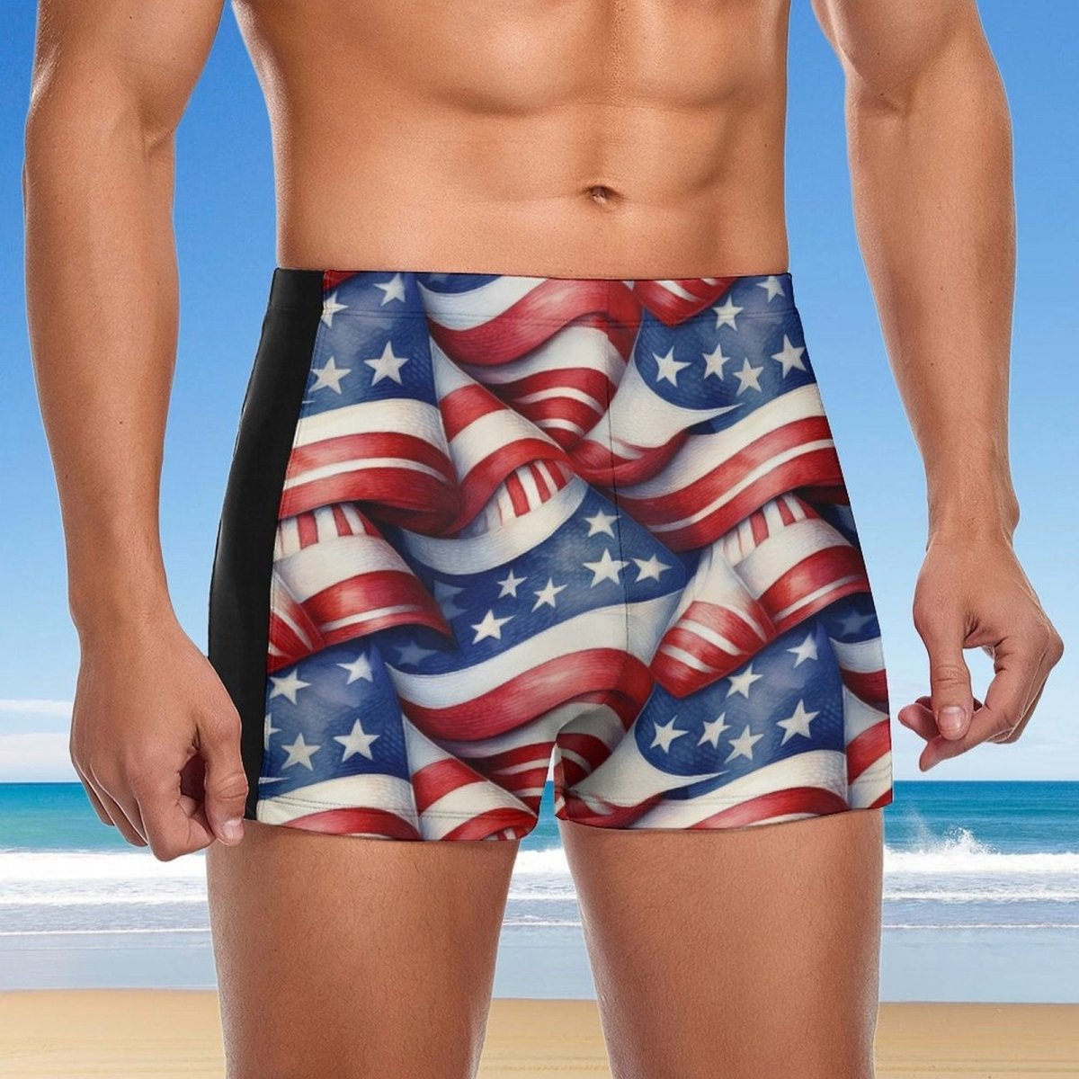 Person wearing American flag patterned swim shorts with a beach background