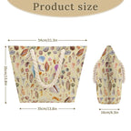 Product size chart with a beach bag and sandal featuring shell pattern, showing dimensions.