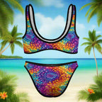 Colorful tie-dye bikini set on an island beach paradise background