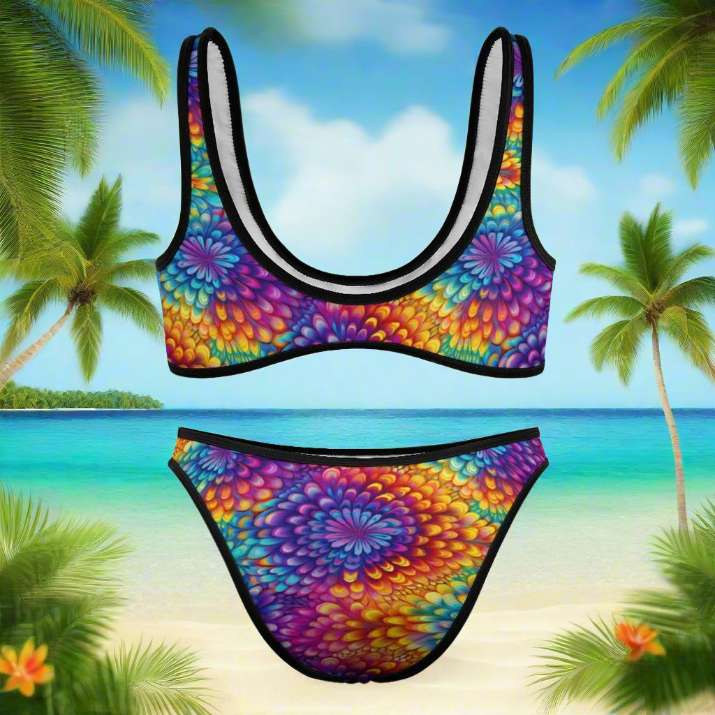 Colorful tie-dye bikini set on an island beach paradise background