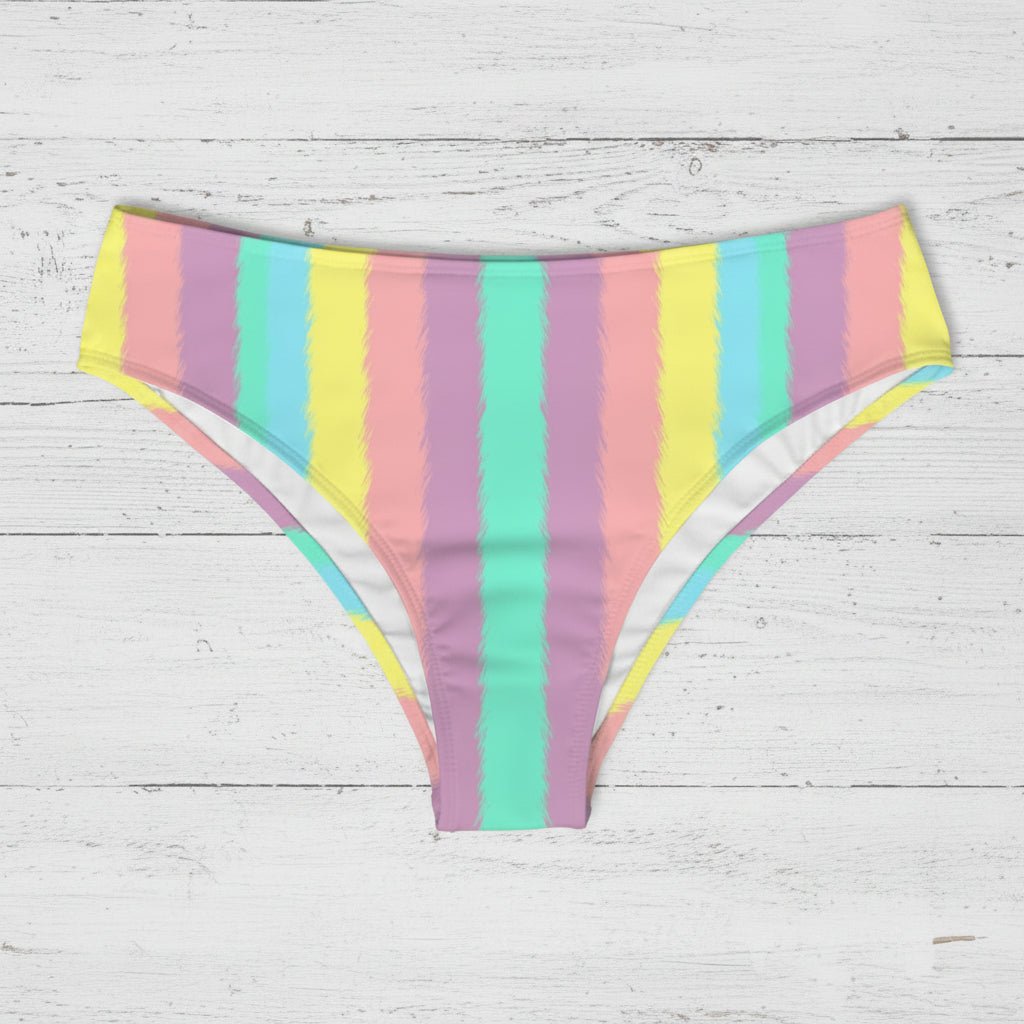 Multicolored striped bikini bottoms on a white background