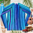 Back of Colorful striped rash guard shirt with a surfboard, ukulele, and vintage model car on a tropical background