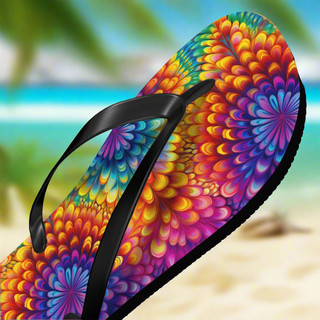 Colorful flip-flop with a vibrant pattern on a tropical beach background