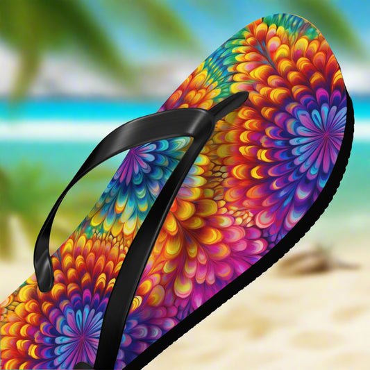 Colorful flip-flop with a vibrant pattern on a tropical beach background