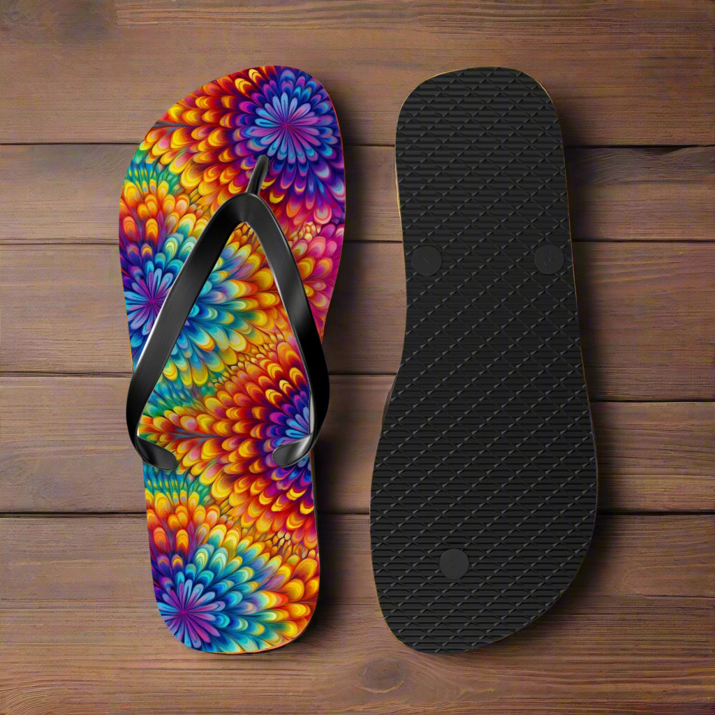 Colorful flip-flop sandal with a tie-dye design on a nautical wood background