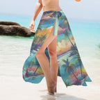 Tropical patterned sarong being worn by a bikini model on a california beach