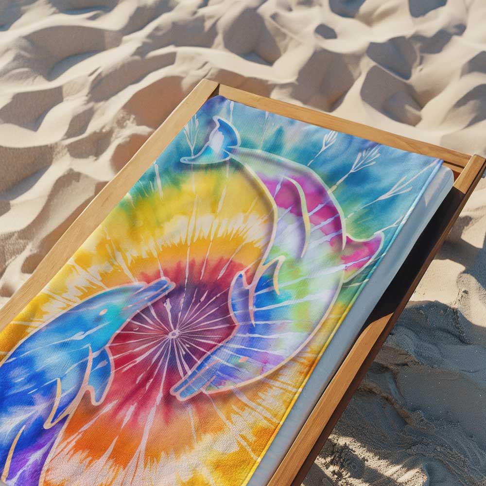 cool tie dye beach towel with dolphins lying on a lounge chair in the sand