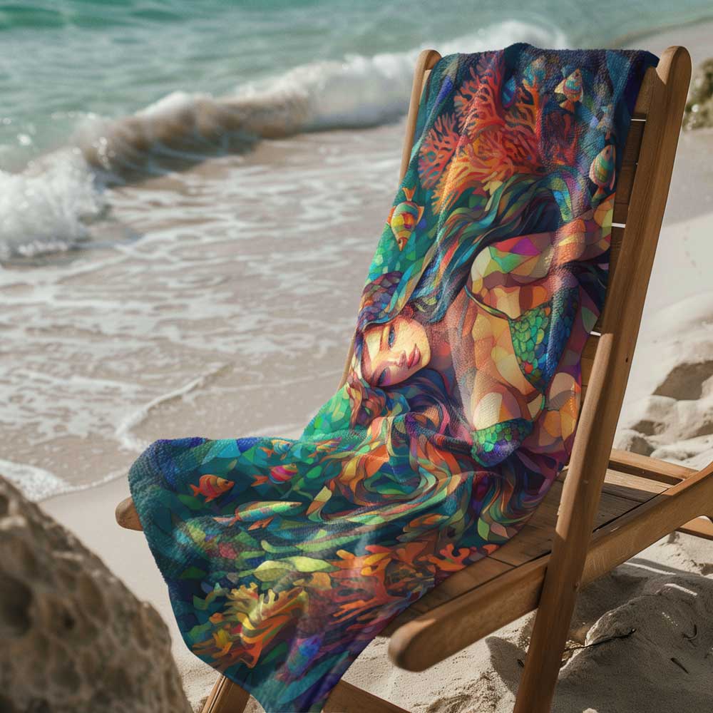 Mermaid Beach Towel on beach chair near the water