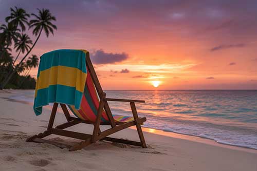 Beach chair with colorful towel on a sandy beach at sunset.