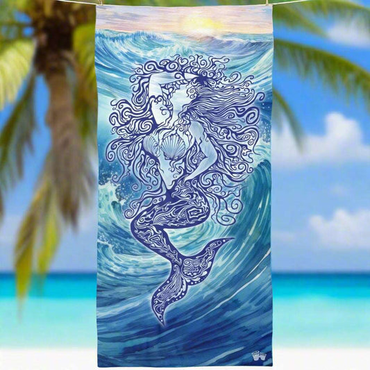 Beach Towel - Mermaid Zen Series by RonBongo hanging out on a line in an island paradise