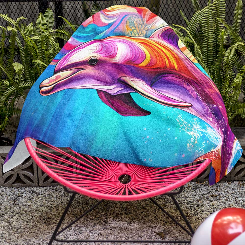 Pink Dolphin towel laid over a pool chair