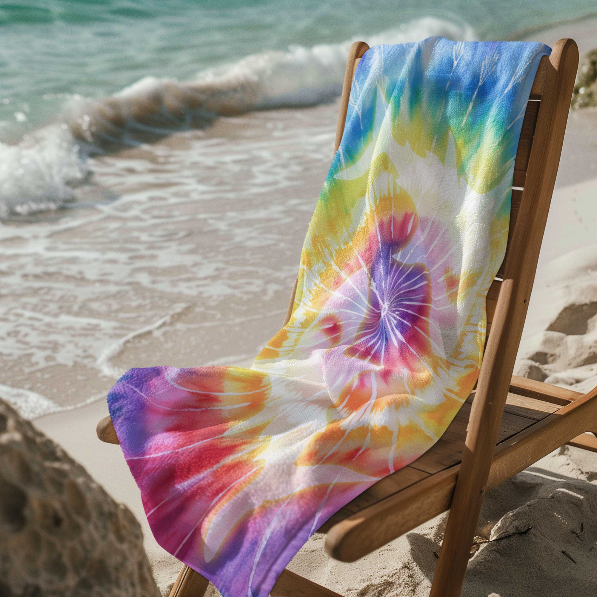 Tie-Dye Beach Towel with cool yin-yang sharks circling the swirls of the tie-dye