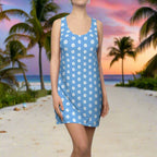 women's swimwear blue polka dot cover up, covering up, a swimwear model  standing on the beach in paradise on fashion island.