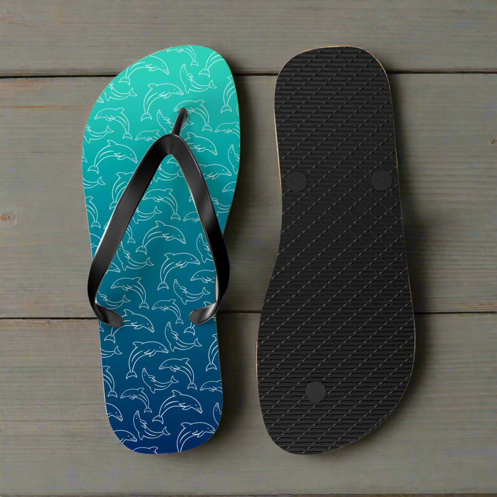 Flip-flop with dolphin pattern on a nautical wood  background