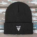 A dark charcoal gray ribbed knit beanie hat featuring a small white embroidered shark tooth logo on the front of the folded cuff, shown against a plain white background.