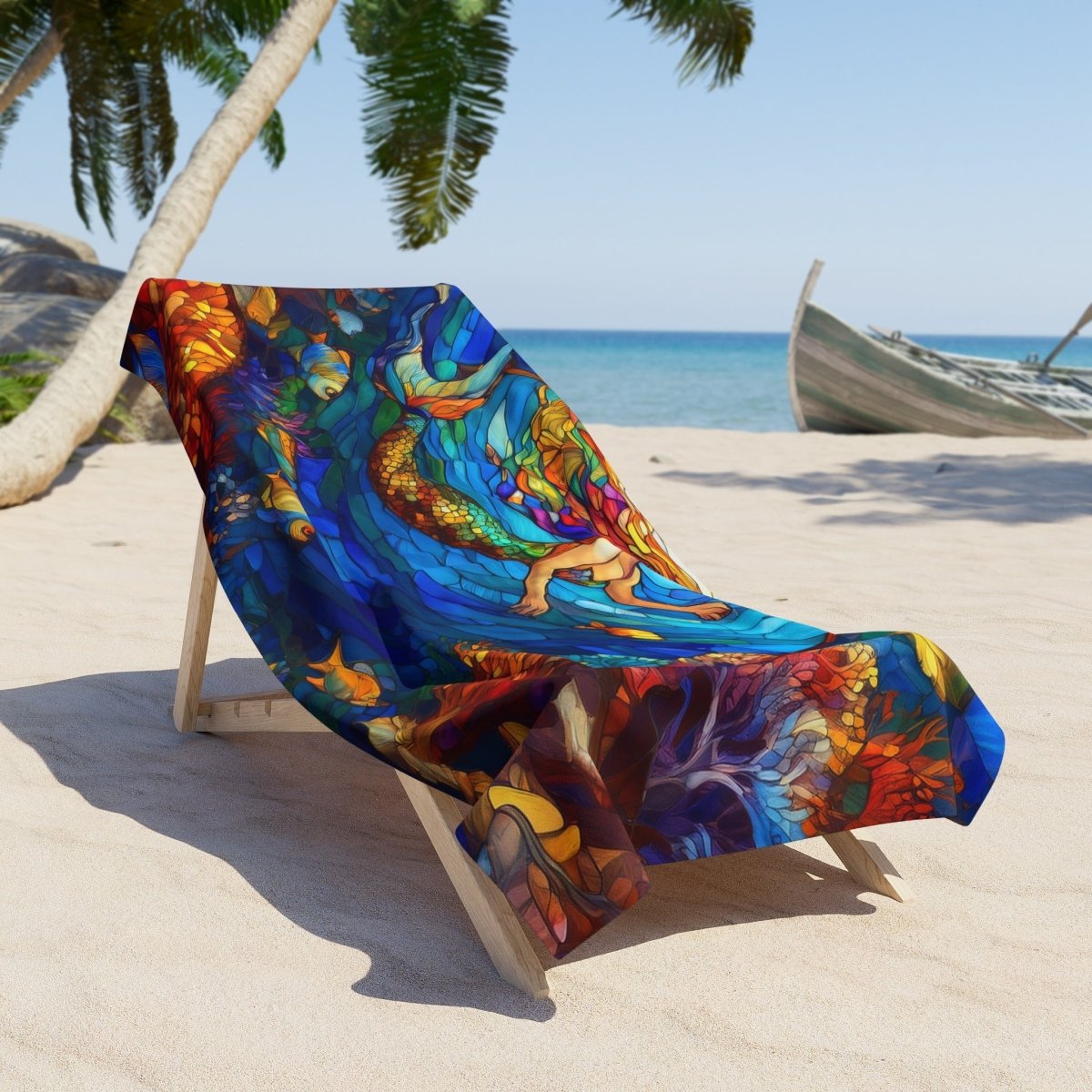 Colorful beach towel draped over a lounge chair on a sandy beach with palm trees and ocean in the background.