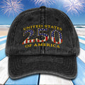 Black cap with 'United States 250 of America' text and American flag design on a beach with fireworks background