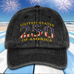 Black cap with 'United States 250 of America' text and American flag design on a beach with fireworks background