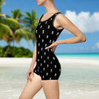 Vintage One Piece Swimsuit with classic Pirate pattern worn by swimwear model at the bach