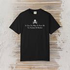 A black short-sleeve crewneck t-shirt with a white skull and crossbones graphic and the text 'In Case You Want To Scare Me I'm Terrified Of Boobies' printed on the chest, displayed flat against a rustic whitewashed wood background.