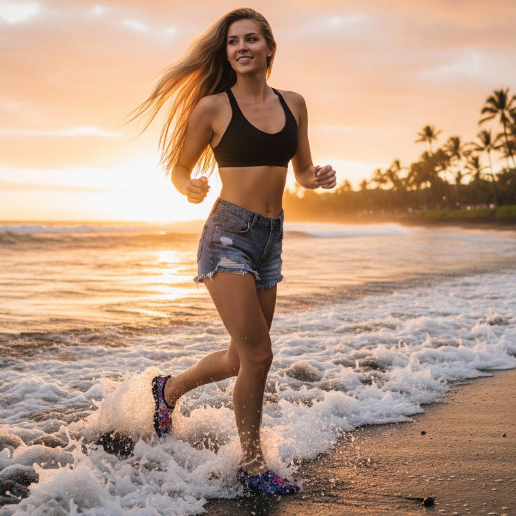 beautiful woman with long blond hair running through the waves wearing blue jean shorts, a black bikini top, and lightweight running shoes with a vibrant purple, pink, and blue tribal pattern pattern and black trim. on black sand beach on the Big Island in Hawaii