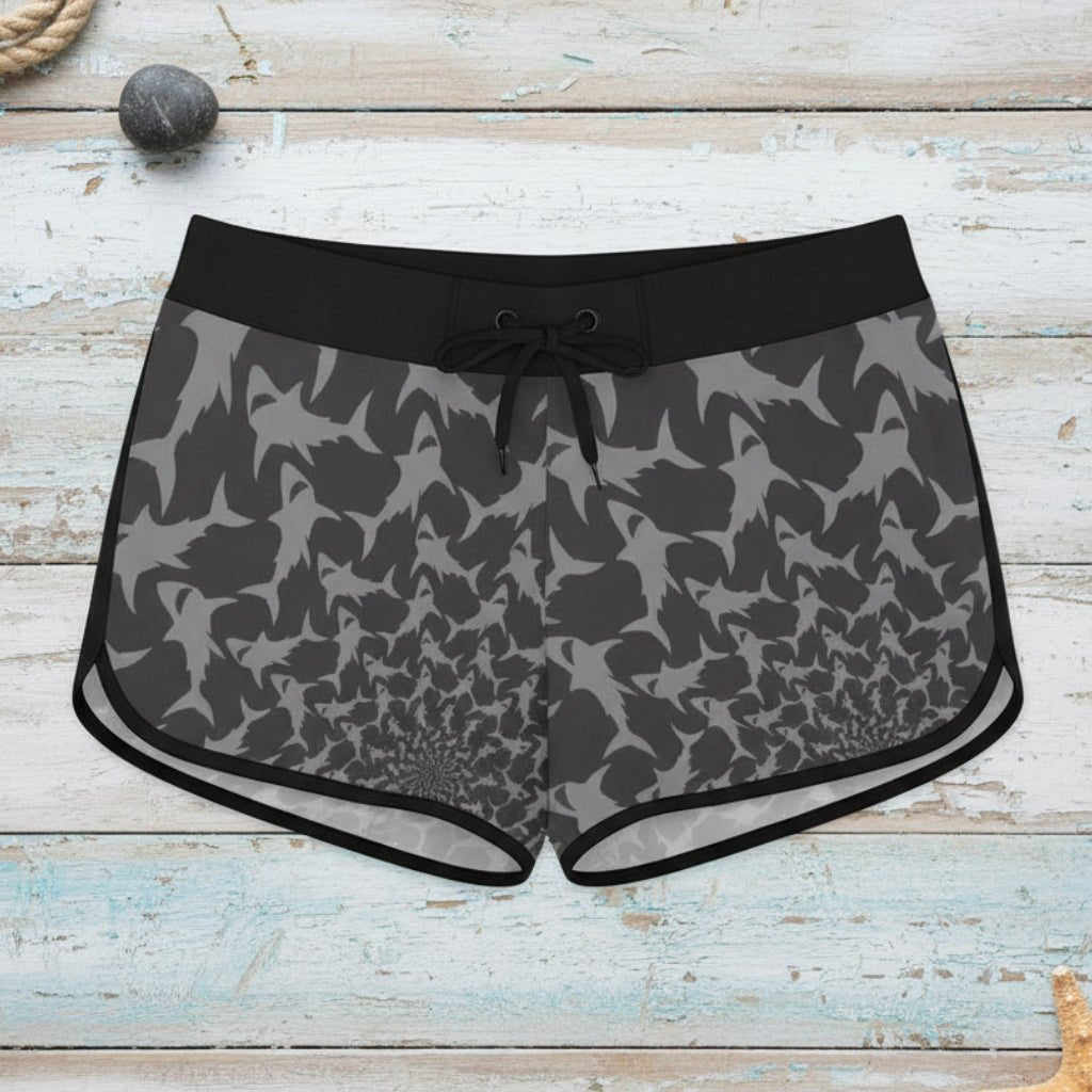 Gray shark ladies shorts on a rustic wood background