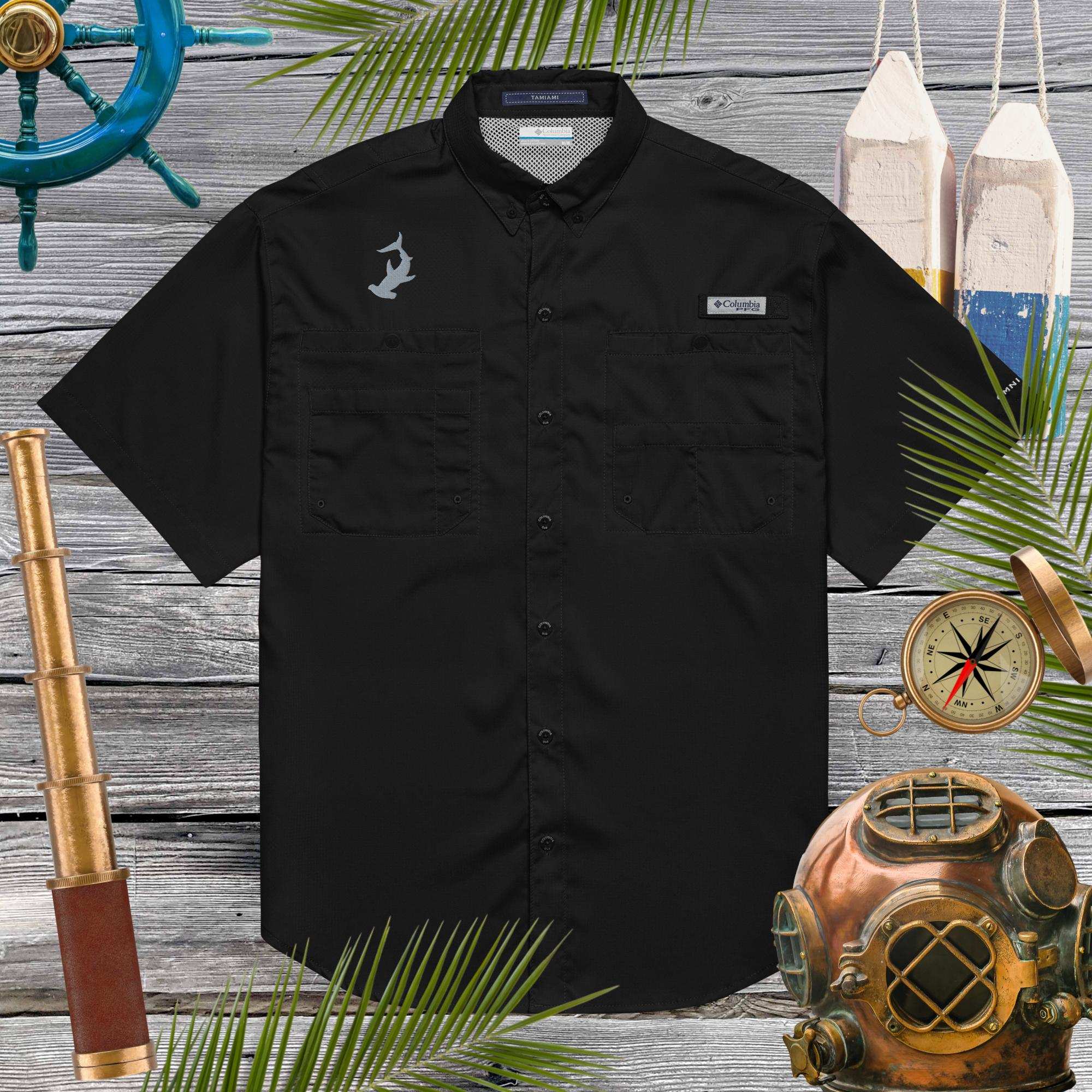 Men’s Columbia Fishing Shirt in black with cool gray hammerhead shark embroidered above right side pocket