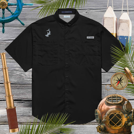 Men’s Columbia Fishing Shirt in black with cool gray hammerhead shark embroidered above right side pocket