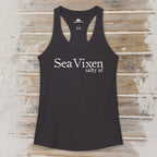 Black tank top with 'Sea Vixen salty af' text on a wooden surface